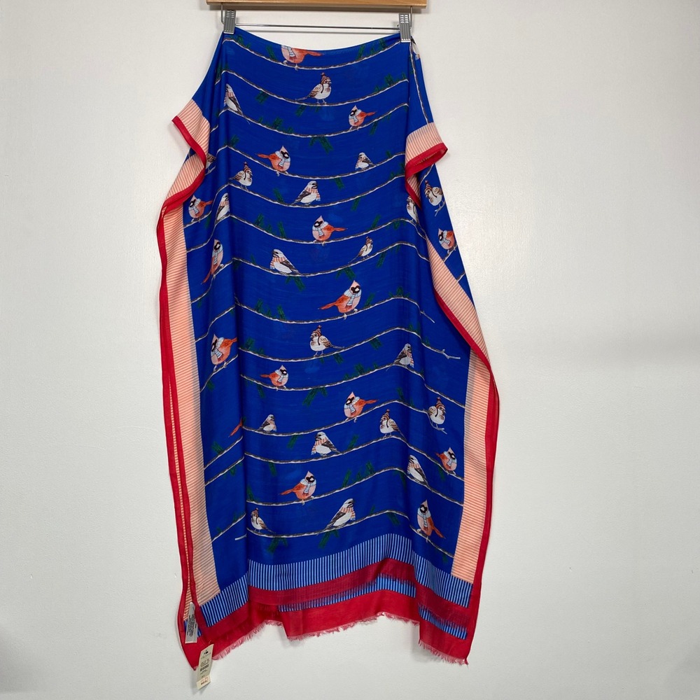 Talbots Womens Scarf OS‎ Blue Bird Cardinal Print Silk Blend Lightweight Fringe